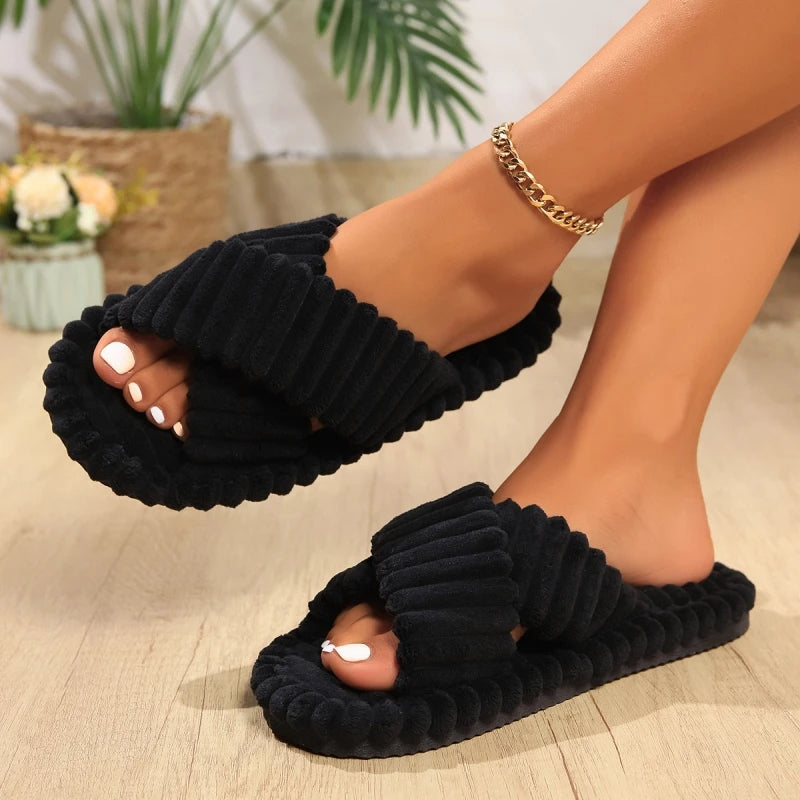 Women's Corduroy Cross Strap Indoor Slippers